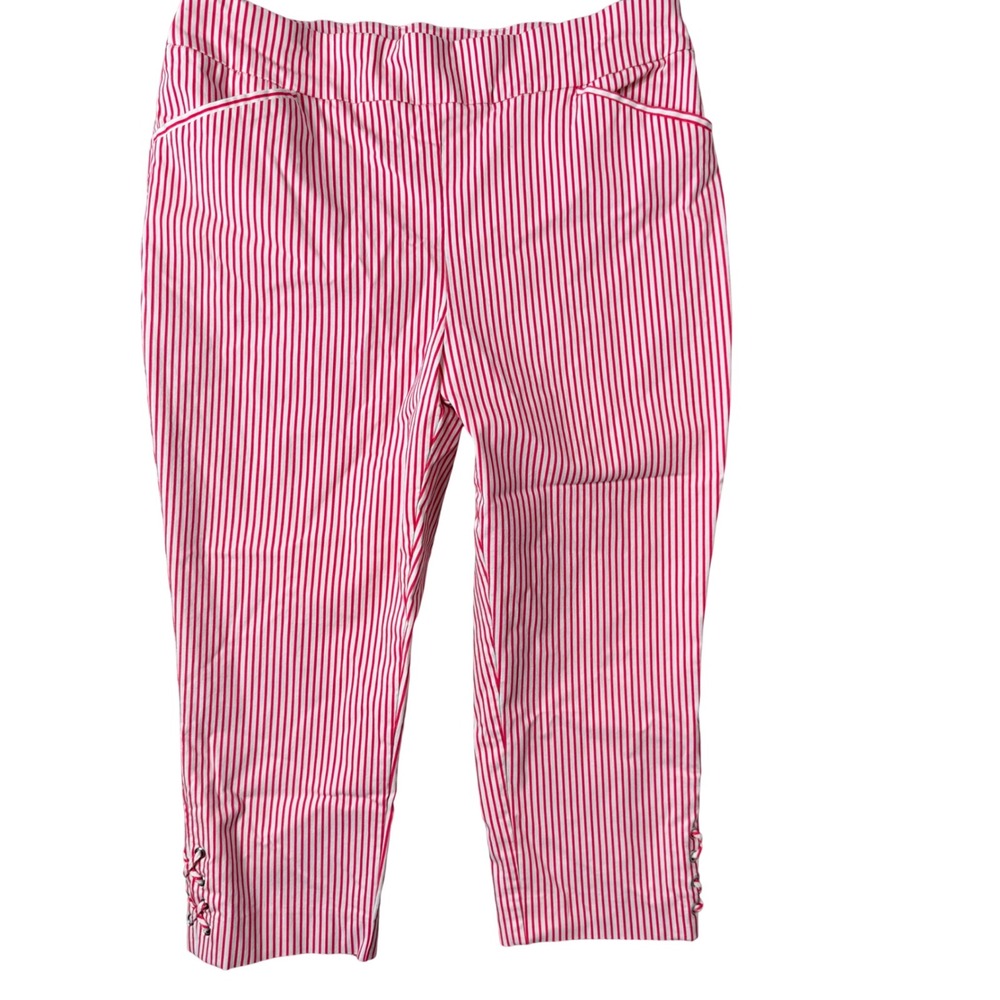 Chicos Perfect Stretch Pink Striped Capri Crop Pants XL Pull On Lace Up Nautical